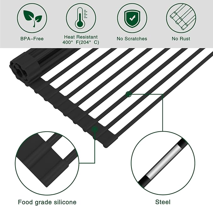 HANZENMA Roll Up Dish Drying Rack Over The Sink Kitchen Roll Up Sink Drying Rack Multipurpose Foldable Sin Drying Mat, Heat-Resistant, Anti-Slip & Anti-Rust Dish Rack for Kitchen, 20.5" x 13", Black