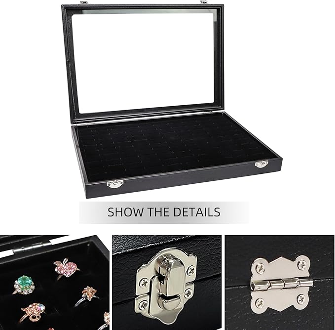 Wudygirl 100 Slot Ring Holder Display Case - Black Jewelry Organizer with Transparent Lid