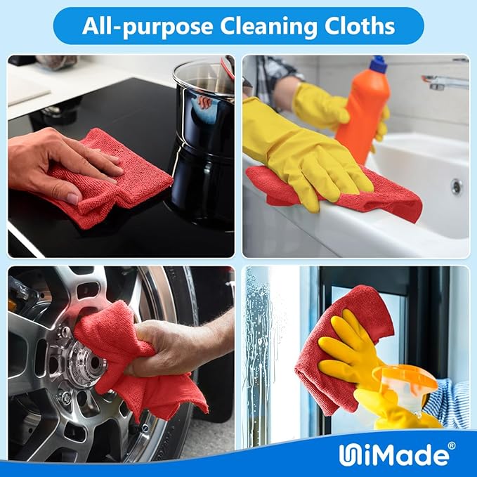 UNIMADE Shop Towels Rags, 150 Pack Reusable Shop Rags Bulk Microfiber Cleaning Cloth Lint Free Cleaning Towels for Car Kitchen Automotive Bar Mechanic Restaurant Garage, 11.5"x 11.5", Red