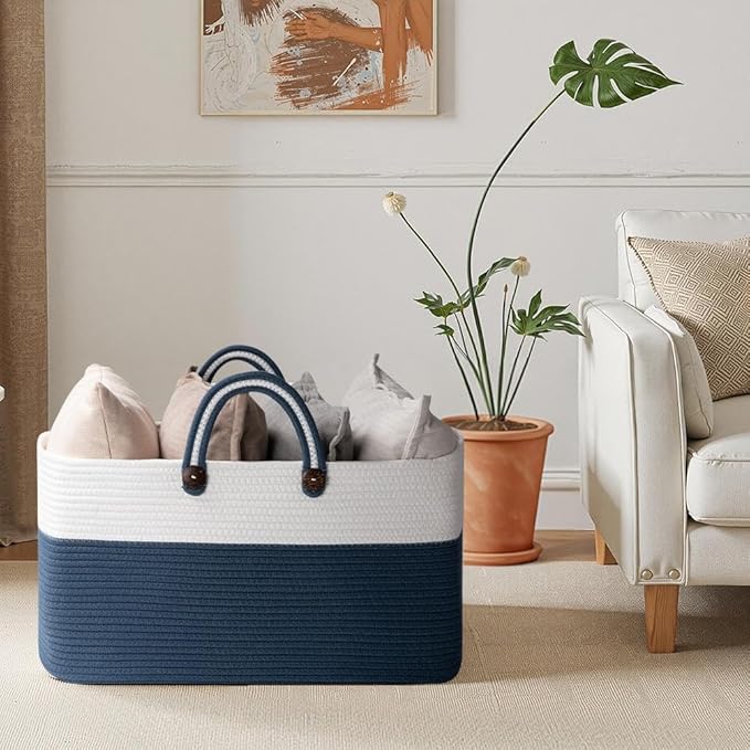 OIAHOMY 75L Large Blanket Basket, 22”x17”x12” Rectangle Woven Baskets For Storage, Nursery Blanket Storage Living Room, Toy Box With Long Handle-Gradient Blue With White