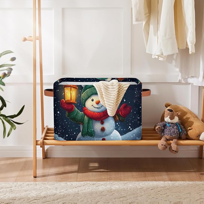 Storage Baskets Bin, Christmas Winter Snowman Collapsible Canvas Fabric Storage Bin Decorative Baskets Toy Organizer Rectangle Storage Boxes with Handles for Home Shelves Nursery, J-014