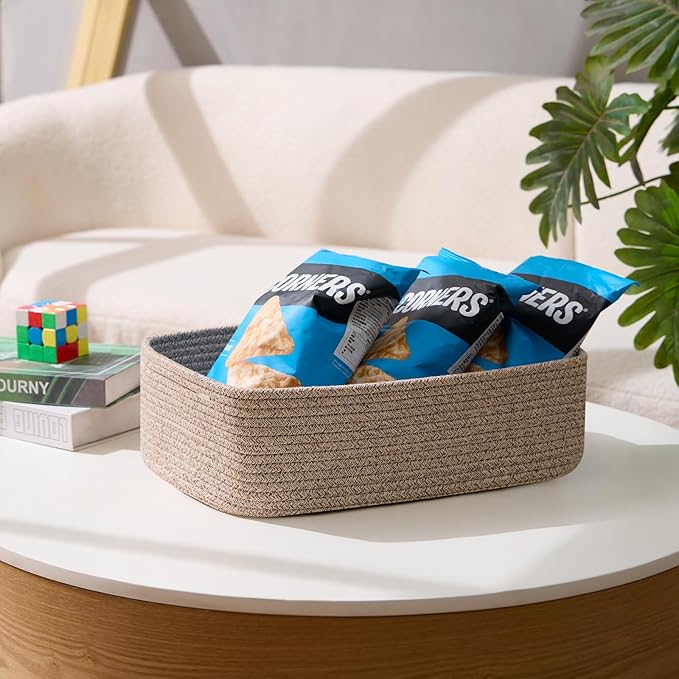 Large Shallow Organizing Baskets 15x11x5.1 Inches - Rope Woven Storage Bins for Bathroom, Shelves, Cube Closet, Mixed Brown 3 Packs