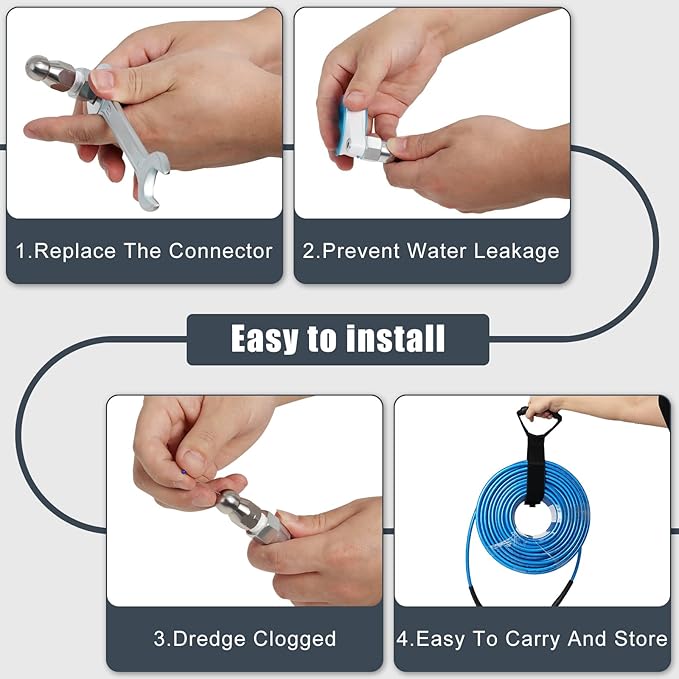 200 FT Sewer Jetter Kit for Pressure Washer, 5800PSI Water Jet Drain Cleaner Hose, 1/4 Inch NPT Corner with 4 Sewer Jetting Nozzles, Pearl Corsage Pin, Waterproof Tape, Handle Strap&2 Spanner (Blue)