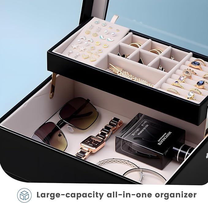 Lolalet Jewelry Box, Clear Window Jewelry Organizer with Drawer for Earrings Bracelets Necklaces Rings, Jewelry Storage for Women -Black, 3 Layers