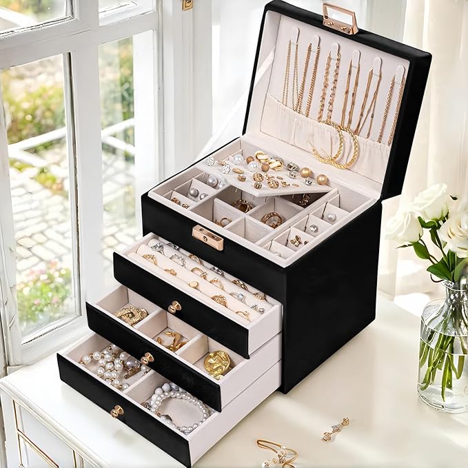 Leather Jewelry Box with Lock for Women, 4-Tier 3-Drawer Jewelry Organizer, Large Capacity Vanity Storage Case for Earrings Rings Necklaces, Gift for Her (Black)