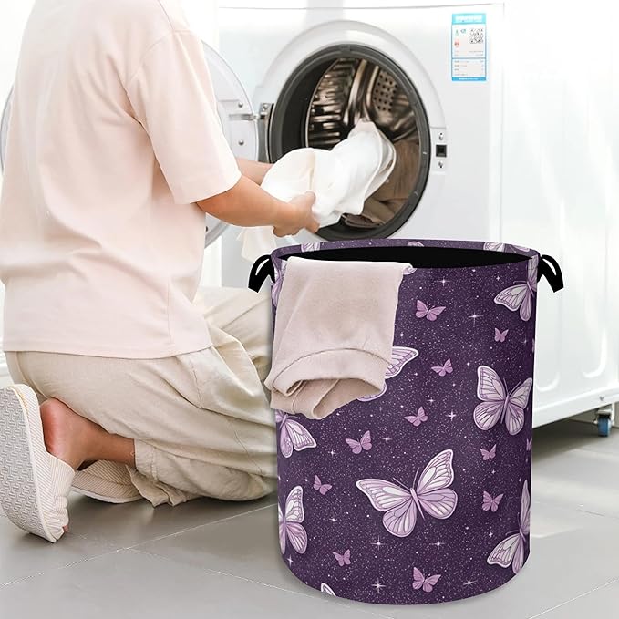 Purple Butterfly Laundry Basket,Oxford Cloth Laundry Hamper with Handle Foldable Portable Clothes Storage Basket for Bathroom Bedroom Dorm Room 16" x 20.8"
