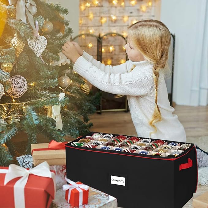 Christmas Ornament Storage Box - Large Christmas Decor Storage Containers that Store up to 128 Ornaments of 3 Inches - Durable Material To Protect And Store Holiday Ornaments Décor, Black