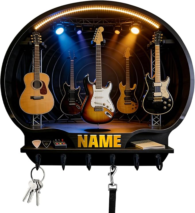 Personalized 2D Flat Print Guitar Stand Themed Wall Mounted Hooks for Music Lovers Family Friends Custom Rock Electric Guitar Coat Rack Music Themed Key Storage Holder for Living Room Hallway Office