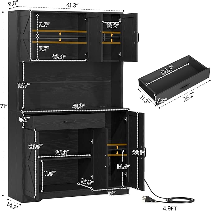 71" Pantry Cabinet with Charging Station, Large Capacity Kitchen Hutch Storage Cabinet, Kitchen Cabinet with Microwave Stand, Storage Drawers & Adjustable Shelves for Dining Room, Black
