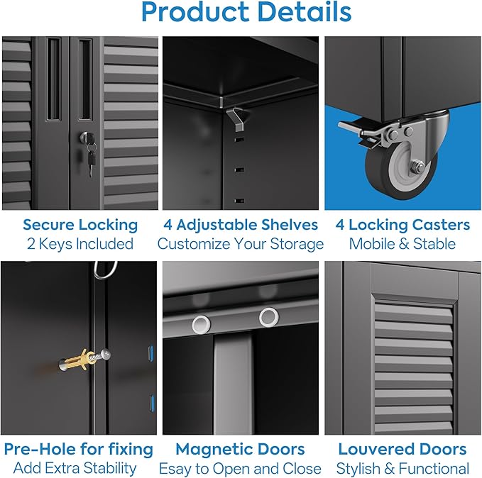 Mop and Broom Closet Storage Cabinet with Wheels and Pegboard,Metal Garage Storage Cabinet with Doors and Adjustable Shelves for Garage Home,Required Assembly,Black
