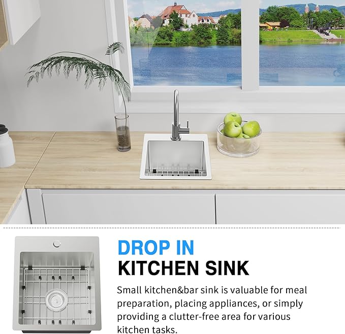 Kitchen & Bar Sink,15x17 Inch Bar Sink Stainless Steel Drop In Small Kitchen Sink Ideal Choice For Small Spaces Topmount Sink With Bottom Grid,Soap Mat And Drain Assembly Serve Both Kitchen And Bar