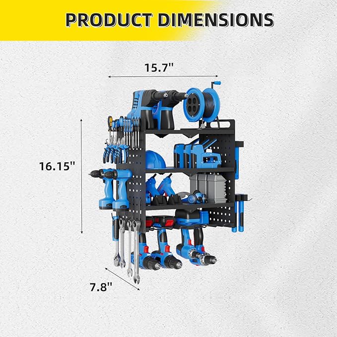 Power Tool Organizer Wall Mount with Charging Station, 4 Layers 4 Drill Holder, Heavy Duty Storage Utility Racks, Supports 600 lbs,Battery Shelf for Garage and Workbench (16 Inch 4 Drills Holder)