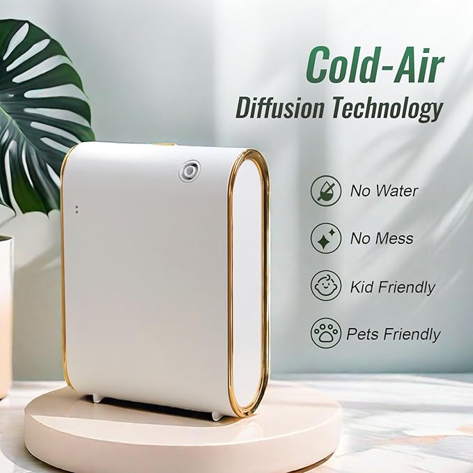 Waterless Essential Oil Diffuser for Home and Commercial Use, 350ml Capacity for 1500 sq ft, Smart Scent Diffuser for Large Room, Bluetooth Hotel Collection Diffuser with App Control, White and Gold