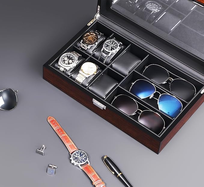 BEWISHOME 6-Slot Watch Box, 3 Mens Jewelry Box, Watch Box Organizer for Men Watch Case with Glass Lid Watch Travel Case Removable Watch Pillows, Watch Display Case, Watch Storage Brown SSH15Y
