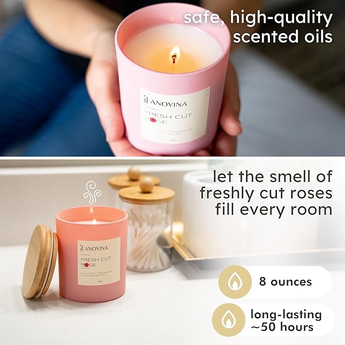 Anovina Rose Scented Candle – Long-Lasting Soy Wax Blend, – Non-Toxic Floral Candle for Home Décor & Relaxation – Aesthetic Gift for Women