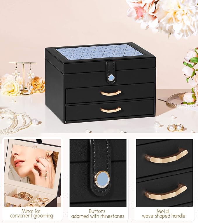 Black Jewelry Box Organizer: Home Decor for Women - 2-Drawer Holder for Valentine’s Day Birthday Gift Black Grey-Blue