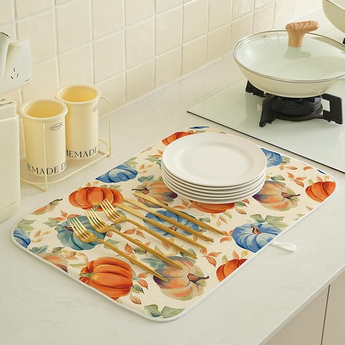 Fall Dish Drying Mat 18x24 Inch Burnt Orange Blue Green Pumpkin Leaves Drying Mat Autumn Harvest Thanksgiving Holiday Absorbent Dish Drying Pad Dish Rack Drainer Mats for Kitchen Dining Counter