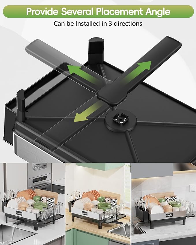 CosyPic Dish Racks, Thicker Premium 304 Stainless Steel Dish Drying Rack for Kitchen Counter, Automatic Drainage Spout, Dish Drainer & Drainboard Set with Utensil Holder and Cup Holder, Black