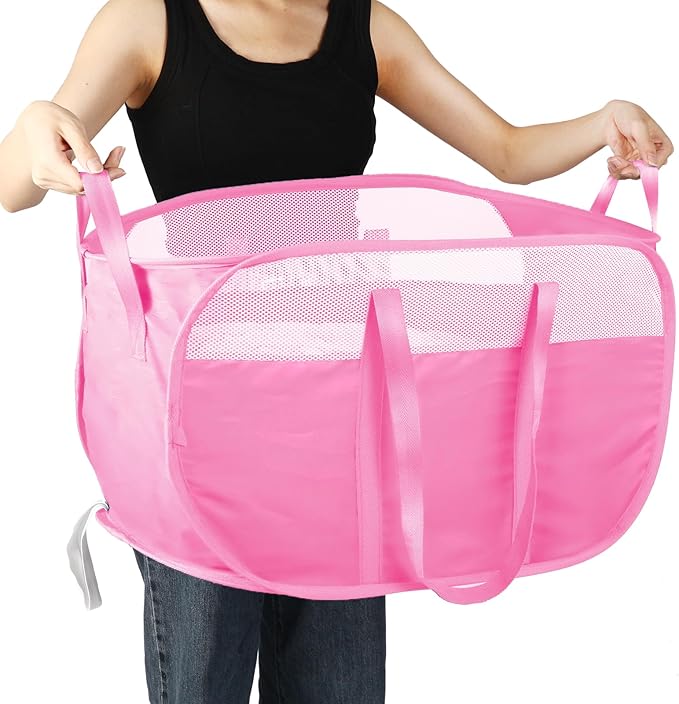 Collapsible Laundry Baskets, Tear Proof Pop Up Laundry Hamper with Dual Handles, Durable Foldable Laundry Basket, Easy to Carry Laundry Hamper for Home, Laundry Room, Bedroom, Dorm, Travel Pink