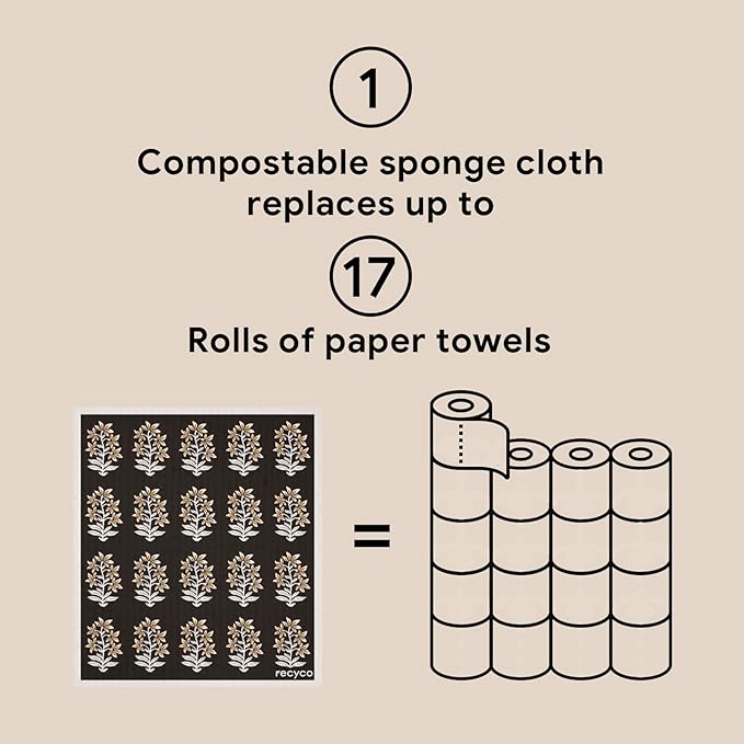 RECYCO Swedish Dishcloths for Kitchen | 6 Pack Heritage Florals Neutral Washable Dish Rags | Cellulose Reusable Cleaning Paper Towels | Absorbent Counter Dish Cloth Sponge Kitchen Wipes, 8" L x 7" W