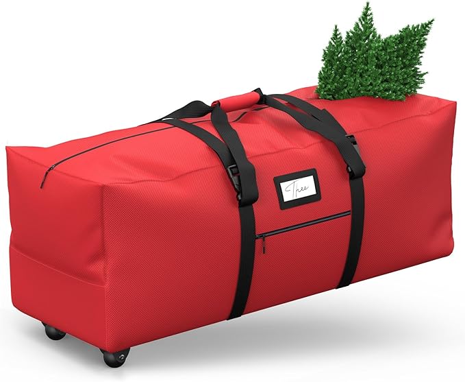 Rolling Christmas Tree Storage Bag, Fits Up to 9 ft Artificial Xmas Disassembled Trees. Extra Large Storage Container with Wheels and Handles. Against Dust and Moisture.(Red)