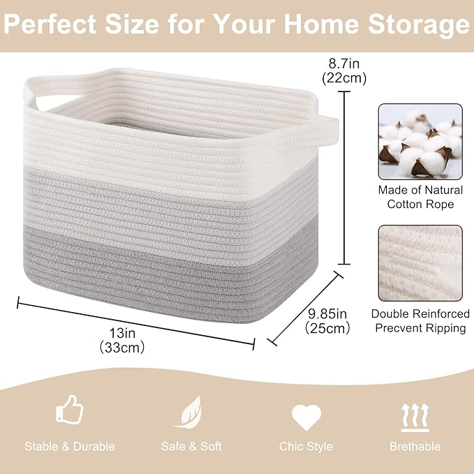 Storage Baskets for Organizing, Woven Baskets for Shelves, Rectangle Decorative Organizer for Storage Clothes, Toy, Books, Towels Nursery Bins 3 Pack (Gradient Grey, 13"x9.85"x8.7")