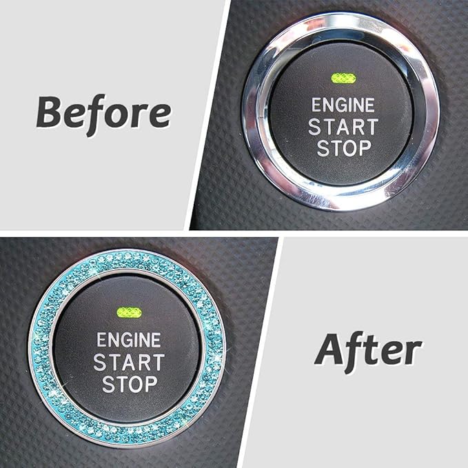 ToBeQueen Push to Start Button Ring Emblem Sticker 2Pcs Diamond Car Ring Stickers Rhinestone Car Accessories Interior for Women,Cute Car Decals Ignition Accessories Blue