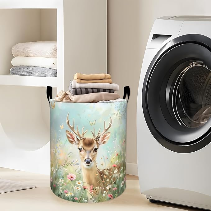 Cute Deer with Daisies and Butterflies Laundry Basket with Handles, 19.7"x15.7" Clothes Foldable Laundry Hamper Organizer for Dorm Nursery Bedroom Bathroom Decor, Toy Storage Bin for Kids