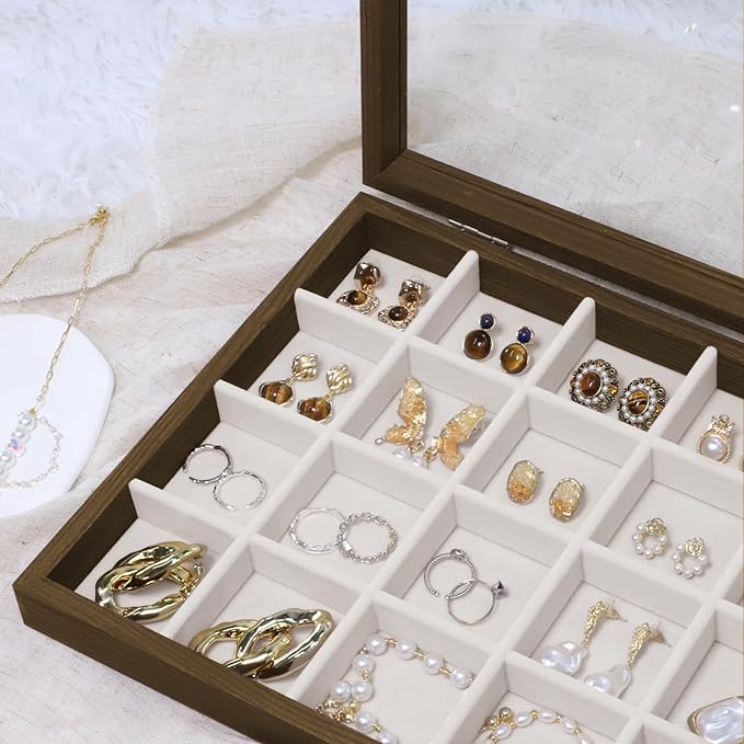 Wudygirl Wood Jewelry Organizer 24 Grid Jewelry Tray with Clear Lid Lockable Earring Holder Organizer Vintage Jewelry Box Ring Holder Gift for Women Girls (24 Grid)