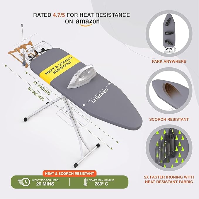 Xabitat Full Size Ironing Board 57" X 13" with Wall Mount Hanger, Full Metal Construction Iron Board, Built in Iron Caddy, Heat & Scorch Resistant Fabric, Cord Holder, Anti-Skid Feet, Heavy Duty