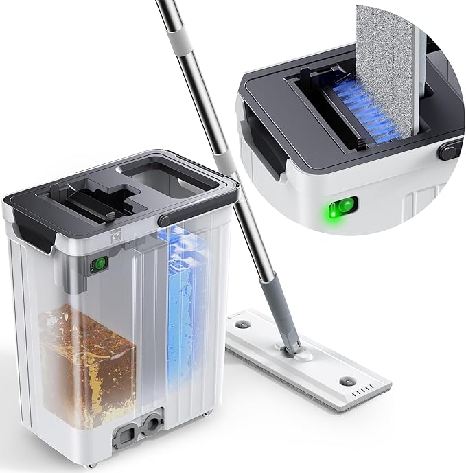 ADICOM Mop and Bucket Set | Auto-Spray Cleaning | Dirty Water Separation Keep Water Fresh | Flat Mop & Bucket with Scraper | 3X Washable Pads | Mops for Floor Cleaning All Floors Tile Wall Window