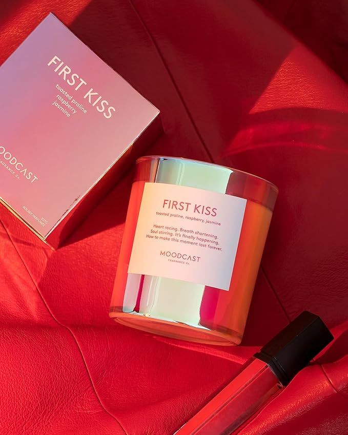 Moodcast First Kiss Scented Candle - Aesthetic Candle for Home, Jasmine, Raspberry & Toasted Praline, Clean Coco Wax Blend, Vegan, Paraben Free, 45-Hour Long Lasting Burn - 8oz