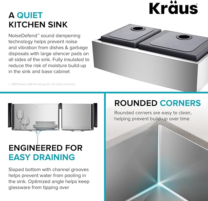 KRAUS Standart Pro 33-Inch Apron Front Farmhouse 16-Gauge 60/40 Double Bowl Stainless Steel Kitchen Sink, KHF203-33
