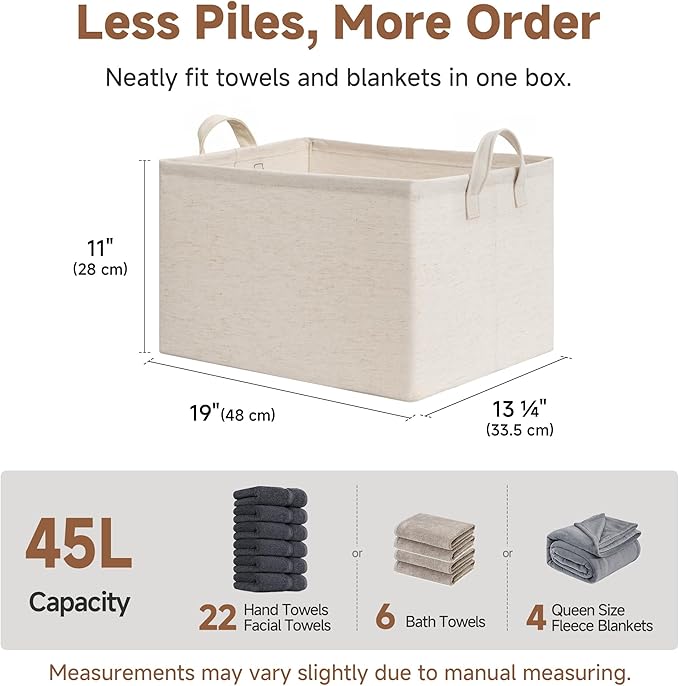 StorageWorks Storage Bins, Shelves Baskets for Organizing, 45L Extra Large Fabric Closet Organizers with Handles, Metal Frame, Beige?Cotton-linen?, 2-Pack