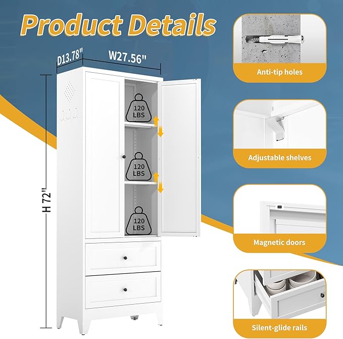 Kitchen Pantry Cabinet, 72" H Storage Cabinet with Doors and Adjustable Shelves, Metal Bathroom Cabinets with Drawers, Utility Cabinets for Kitchen, Living Room, Assembly Required, White