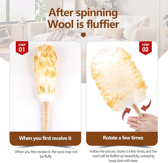 iHUFeather Lambswool Duster for Cleaning with Solid Wooden Handle Leather Hang Strap 19.6 inch Natural Feather Duster for Cleaning Ceiling Fans Window Blinds Computer Furniture(2 Pack)