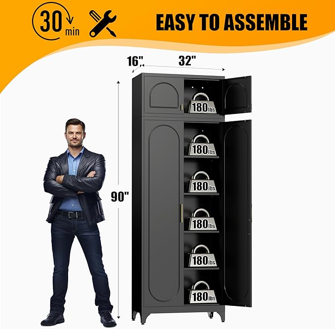 Metal Storage Cabinet with Doors and Shelves, 90" Tall Kitchen Pantry Storage Cabinets, Balck Pantry Closet, Steel Large Cupboard, High Leveling Feet- Assembly Required