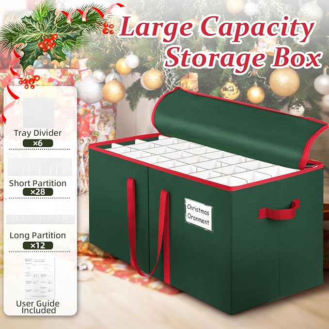 Christmas Ornament Storage Box 2 PCS, Holds Up to 256 Ornaments with Adjustable Dividers, Holiday Decoration Ornament Organizer Storage Bin with Zipper and Handles, Green