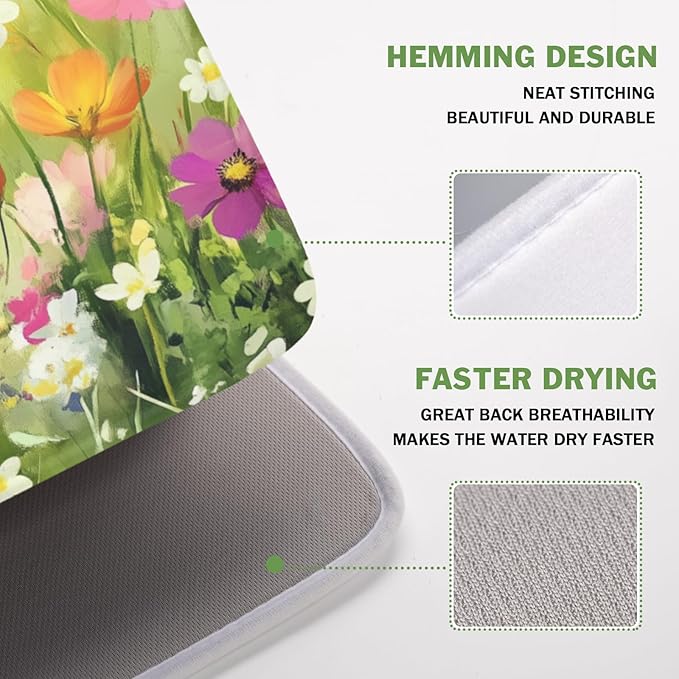 ABSOP Spring Summer Daisy Dish Drying Mat 16 x 18 Inch Colourful Floral Pattern Dish Drainer Rack Mat Absorbent Microfiber Mats Holiday Dish Pad for Kitchen Coffee Dining Bar Decor