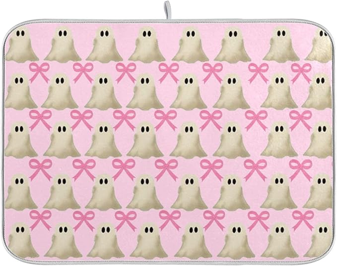 Halloween Ghost Bow Dish Drying Mat for Kitchen Countertop 18x24 Pink Bowknot Spooky Large Drying Mat Reusable Quick Dry Dish Sink Mats Easy Clean Decorative Essentials