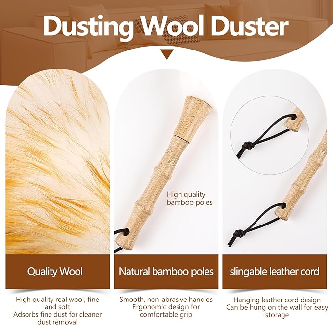iHUFeather Lambswool Duster for Cleaning with Solid Wooden Handle Leather Hang Strap 14.9 inch Natural Feather Duster for Cleaning Ceiling Fans Window Blinds Computer Furniture(2 Pack)