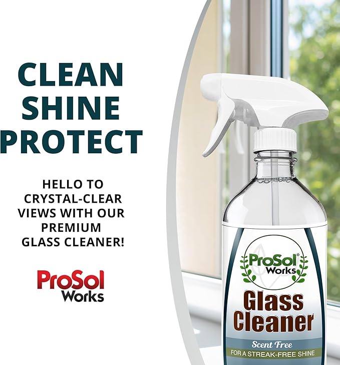 ProSol Works Glass Cleaner 16 oz - All Purpose Cleaning Spray for Glass Doors & Windows, Mirrors & Chrome Surfaces - Glasses Spray Helps Remove Smudges, Fingerprints, Rain Spots & Oil - Glass Cleaners