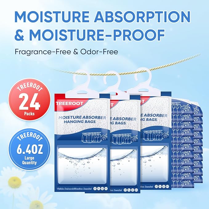 24 Pack Moisture Absorbers for Closet, 6.4OZ Hanging Closet Dehumidifier Bags, Hanging Humidity Absorber in Wardrobes, Kitchens and Bathrooms