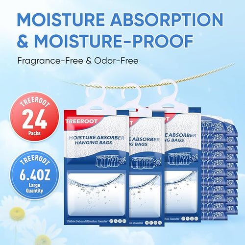24 Pack Moisture Absorbers for Closet, 6.4OZ Hanging Closet Dehumidifier Bags, Hanging Humidity Absorber in Wardrobes, Kitchens and Bathrooms