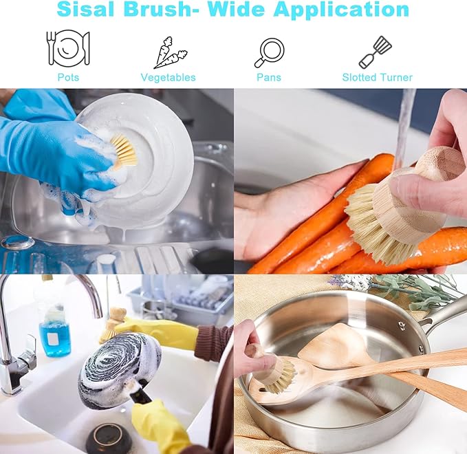 Bamboo Dish Brush Set, 4 Pcs Palm Wooden Dish Scrubber Brush, Dish Brushes, Durable Wood Dishes Scrub Brush, Natural Round Vegetable Cleaning Pots Pans Sink Washing Kitchen Brush by Aisuly