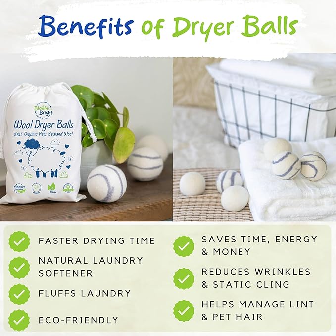 Organic Wool Dryer Balls Laundry Reusable (Set of 6) XL - 100% Pure New Zealand Wool - Natural Anti Static Fabric Softener Balls