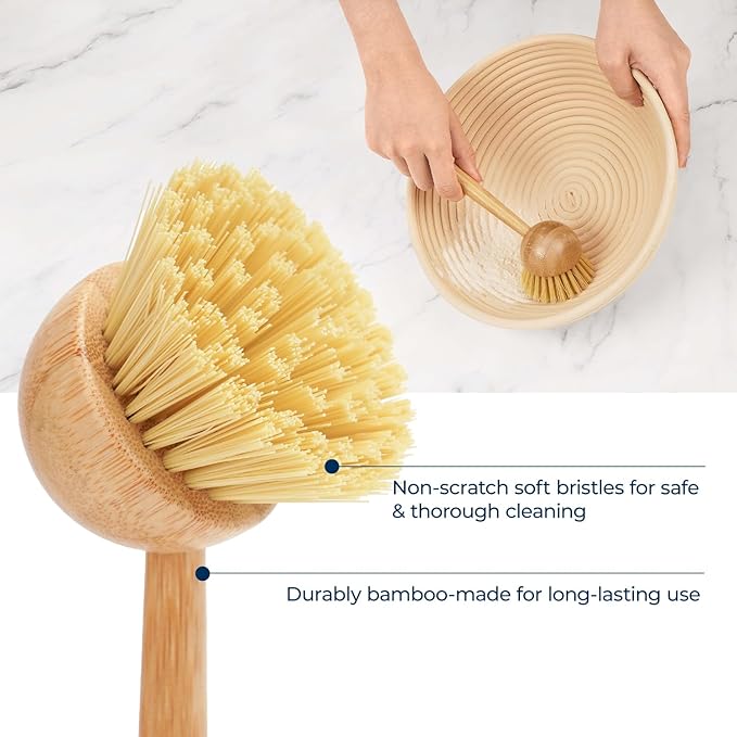 Lorzon 2 Pack Dish Brush with Handle, Bamboo Dish Scrub Brush, Kitchen Brushes for Dishes, Scrubber, Pots, Pans, Sink, Dishwashing Cleaning Brush