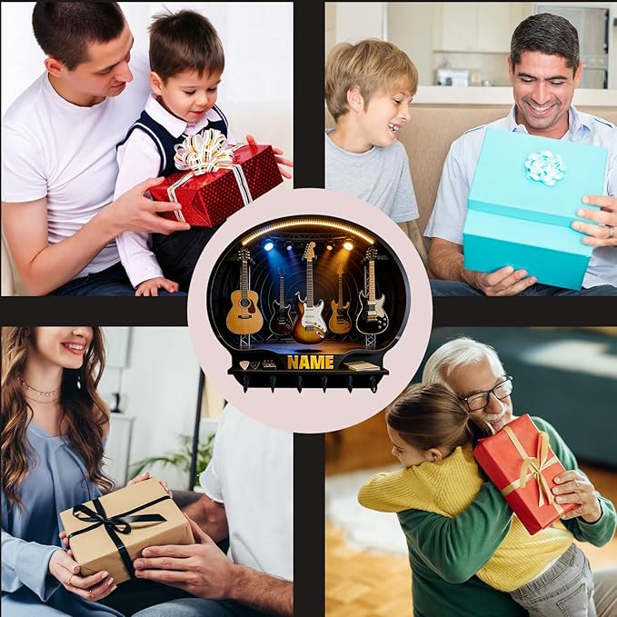 Custom 2D Flat Print Rock Guitar Key Storage Holder for Music Lover Family Friends Music Themed Wall Hooks Personalized Vintage Guitar Stand Name Key Rack Coat Holder for Culb Living Room Hallway