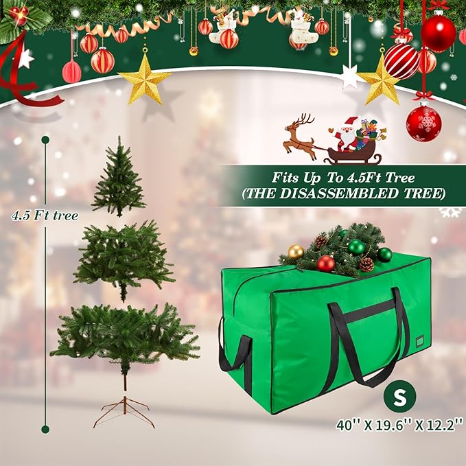 4.5 ft Christmas Tree Storage Bag, Heavy Duty Christmas Tree Bag with Reinforced Handles and Dual Zippers Wide Opening, Large Capacity fits for Artificial Christmas Tree (Green, 4.5 ft)