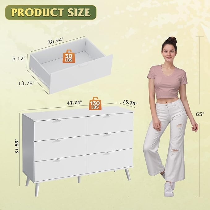 WLIVE White Dresser for Bedroom, 47'' Wide 6 Drawer Wooden Chest of Drawers, Modern Dresser Storage Organizer, TV Stand for 55 inch TV, for Living Room, Hallway, Closet